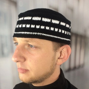 Mens beanies Large black & white kufi Crochet beanie men Large kufi hat Spring hats men Muslim Prayer kufi Birthday Christmas gift for him
