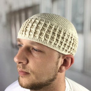 Kufi Large mens beanies Umrah gift Islamic prayer kufi Crochet beanie men Muslim accessories Birthday Ramadan Namaz gift Nude