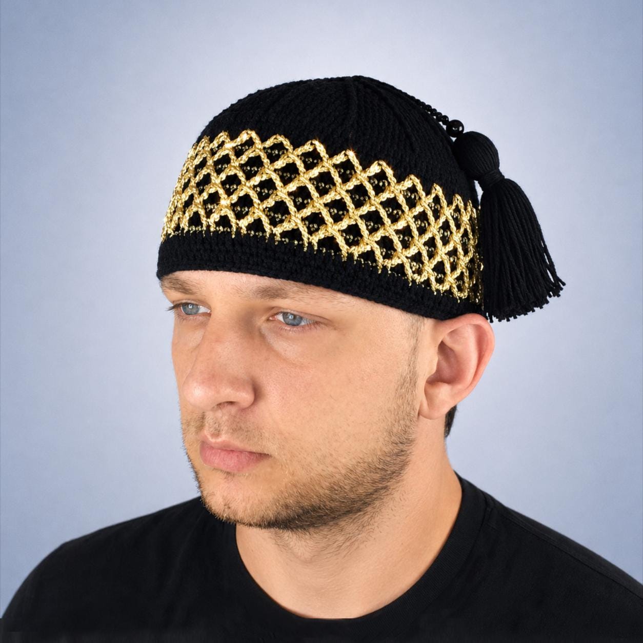 Crochet Kufi With Tassel Black & Gold 3D Textured Prayer Hat