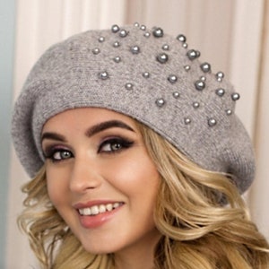 Alpaca knit beret for women Burgundy loose beanie embellished slouchy beret Birthday Christmas gifts for her