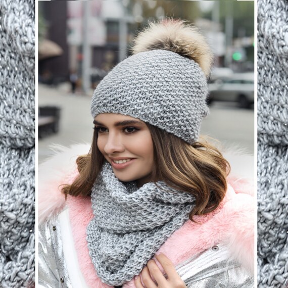 Wool Hat Scarf Set Gray Scarf Knit Loop Scarf for Women Hat 