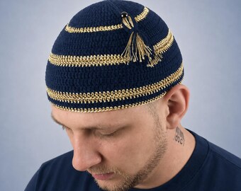 Crochet Kufi Hat Skullcap With Tassel Fisherman Beanie Gold