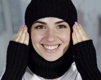 Hand Knit Wool Set: Beanie, Neck Warmer, Fingerless Gloves