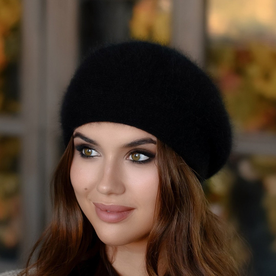 Black Fuzzy Knit Beret for Women Angora Wool Beanie Winter Knit Angora