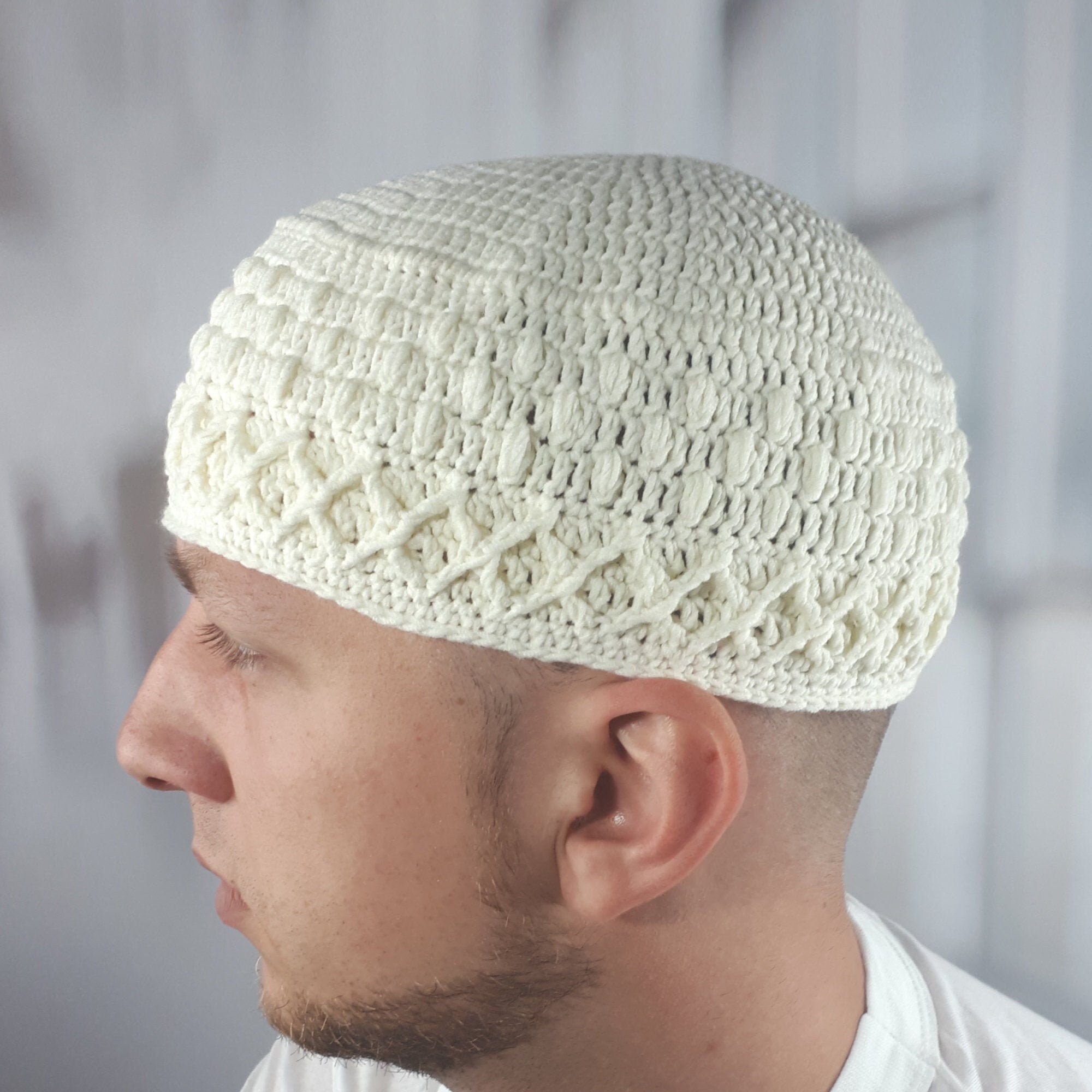 Cappello Da Preghiera Islamico Kufi Ricamato Per Uomo, In Poliestere-cotone, 56-59 Cm, Colori Giallo/bianco/nero, Per Eid E Ramadan - 2