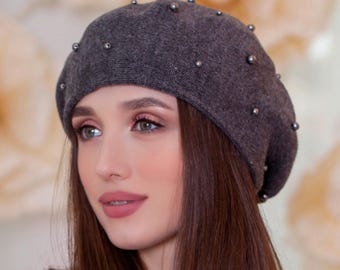 7875 Womens Beret With Pearls, Winter Wool Hat Pearl French Hat Knitted Beanie Cozylkx Women French Artist Solid Color Wool Winter Beret  main image 3
