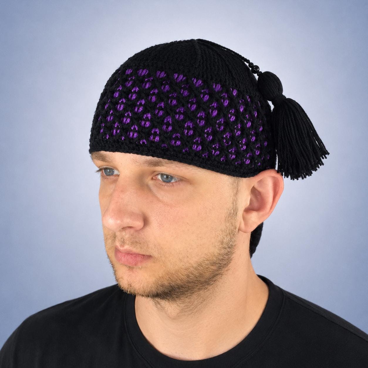 Crochet Kufi With Tassel Black & Gold 3D Textured Prayer Hat