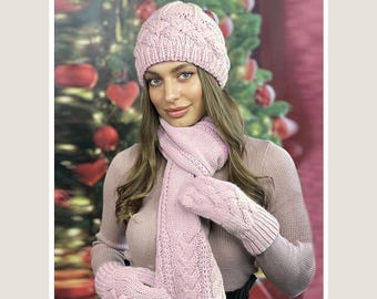 Chunky Knit Wool Set: Micro Fleece Lined Beanie, Scarf & Fingerless Gloves