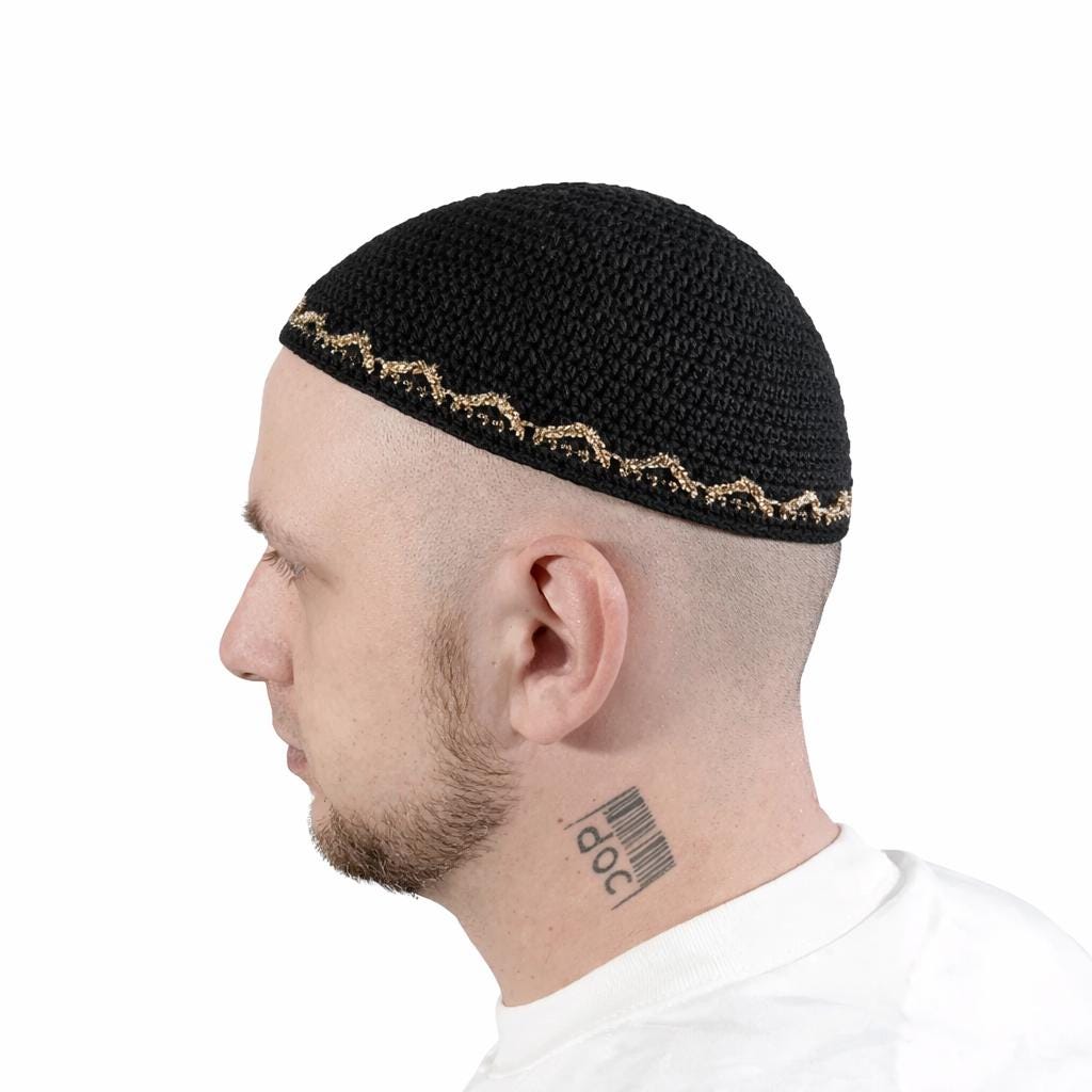 Crochet Kippah With Golden Trim | Wedding Yarmulke in Black White