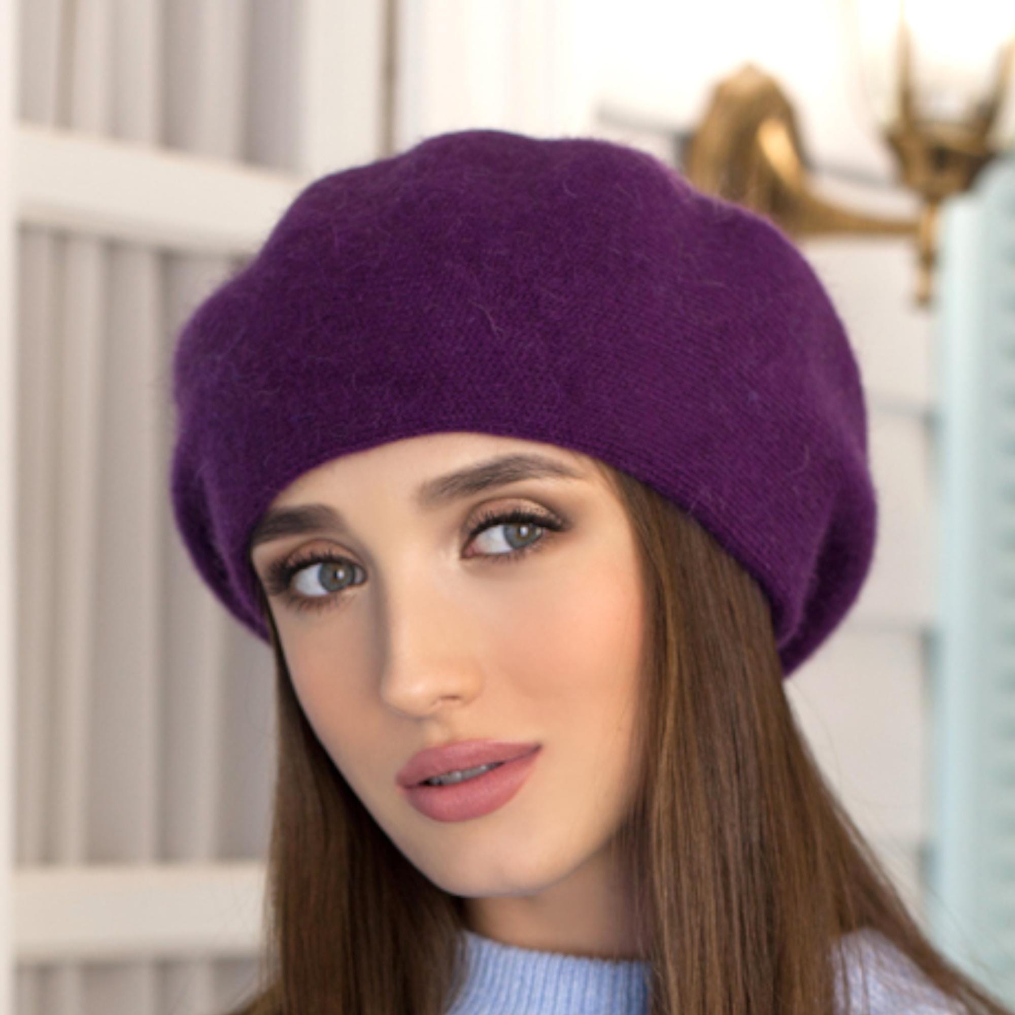 6344 Burgundy Beret - Warm Lined Wool Angora Knit Berets - French Paris Hat Silk Lined Angora Beret: Oversized French Style Satin Lined  main image 2