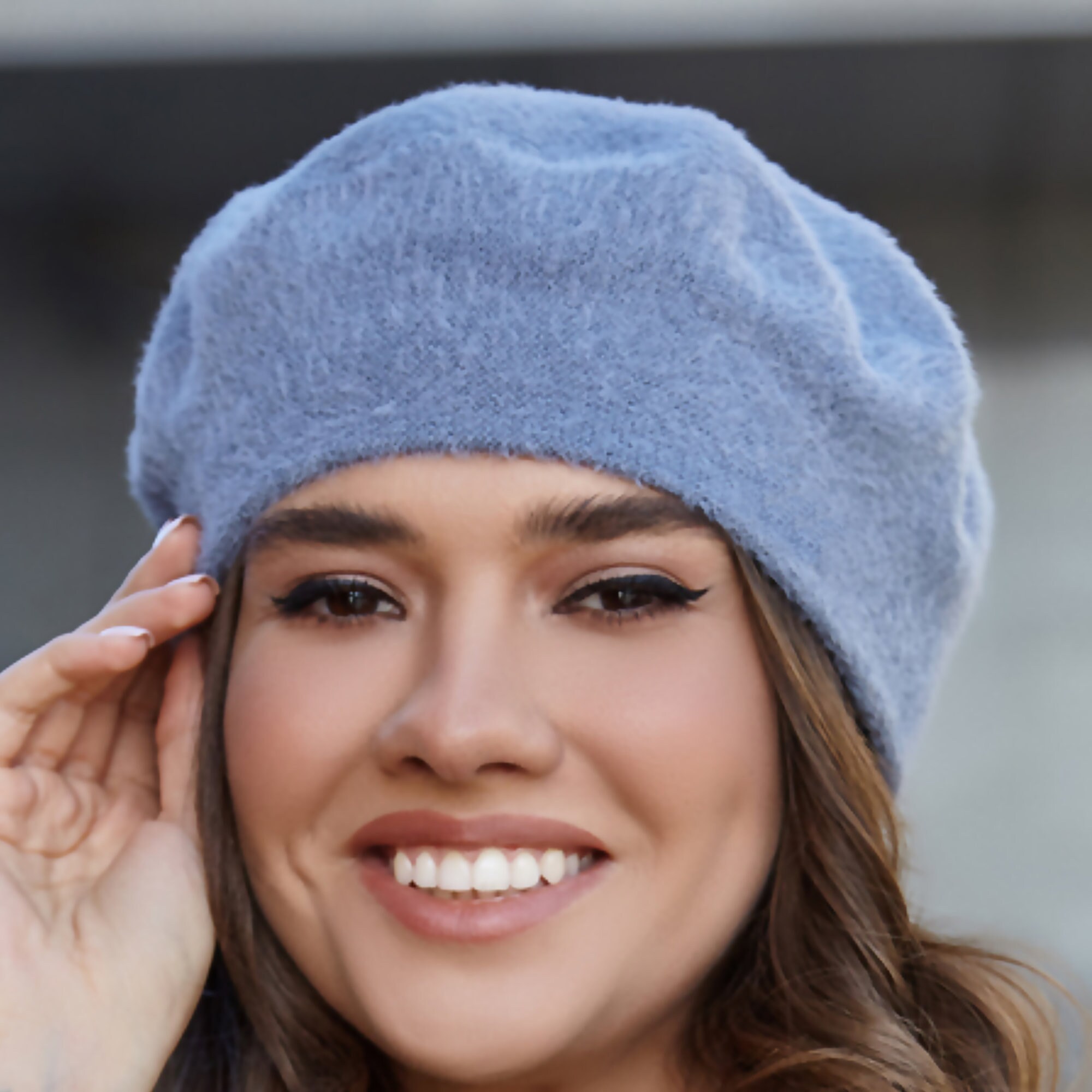 Blue Knit Beret for Women: Vegan Angora Wool Blend, Fluffy  display picture 2