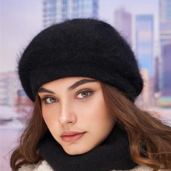 Black Angora Wool Knit Beret: Fluffy French Style Slouchy  display picture 3
