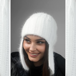 Angora hat with long ear flaps Winter knitted Pilot Hat Aviator earflap hat Hand knit Unisex ears beanie Birthday and Christmas gift