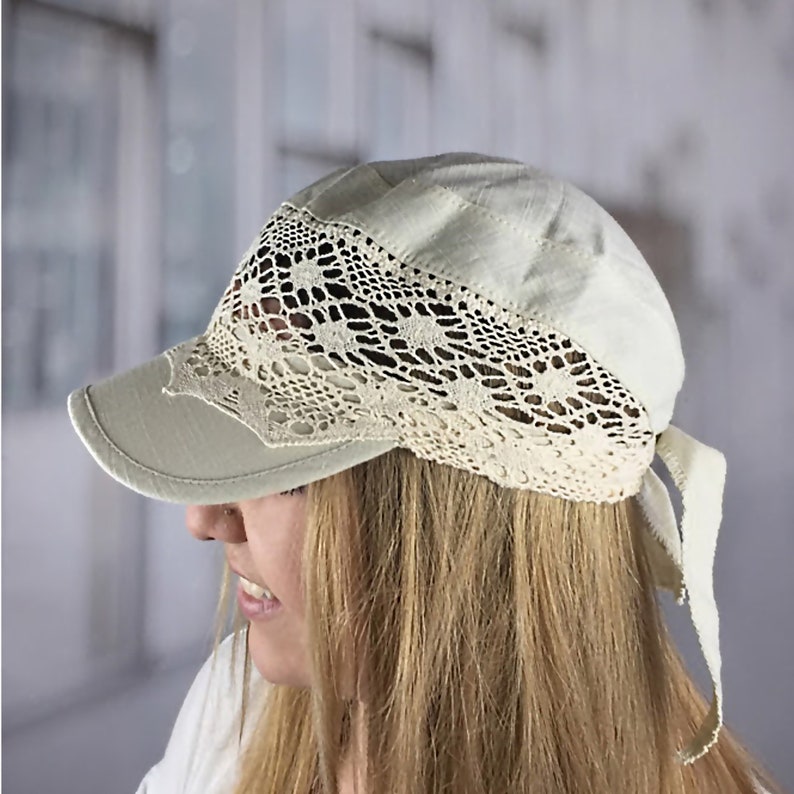close-up portrait of a woman in a soft lace bandana, showing its comfortable fit as a stylish alternative to a traditional sun hat.