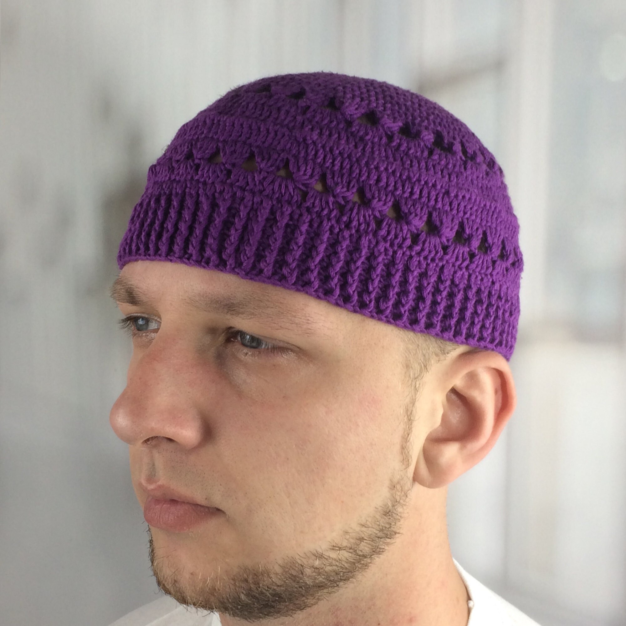 Large Kufi Hat Mens Purple Crochet 