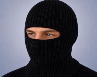 Knitted wool balaclava hat in black | Full face mask beanie | Warm winter gift for men or boyfriend