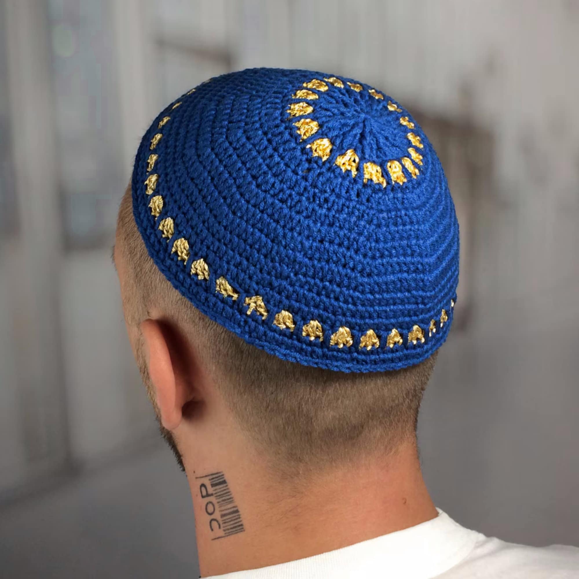 Kippah In Lino Con Ricamo Gerusalemme | Diametro 16 Cm | Turchese | Clip Inclusa - 2