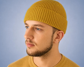 Knitted fisherman beanie above ear,  Wool docker hat, Birthday Christmas gifts for men