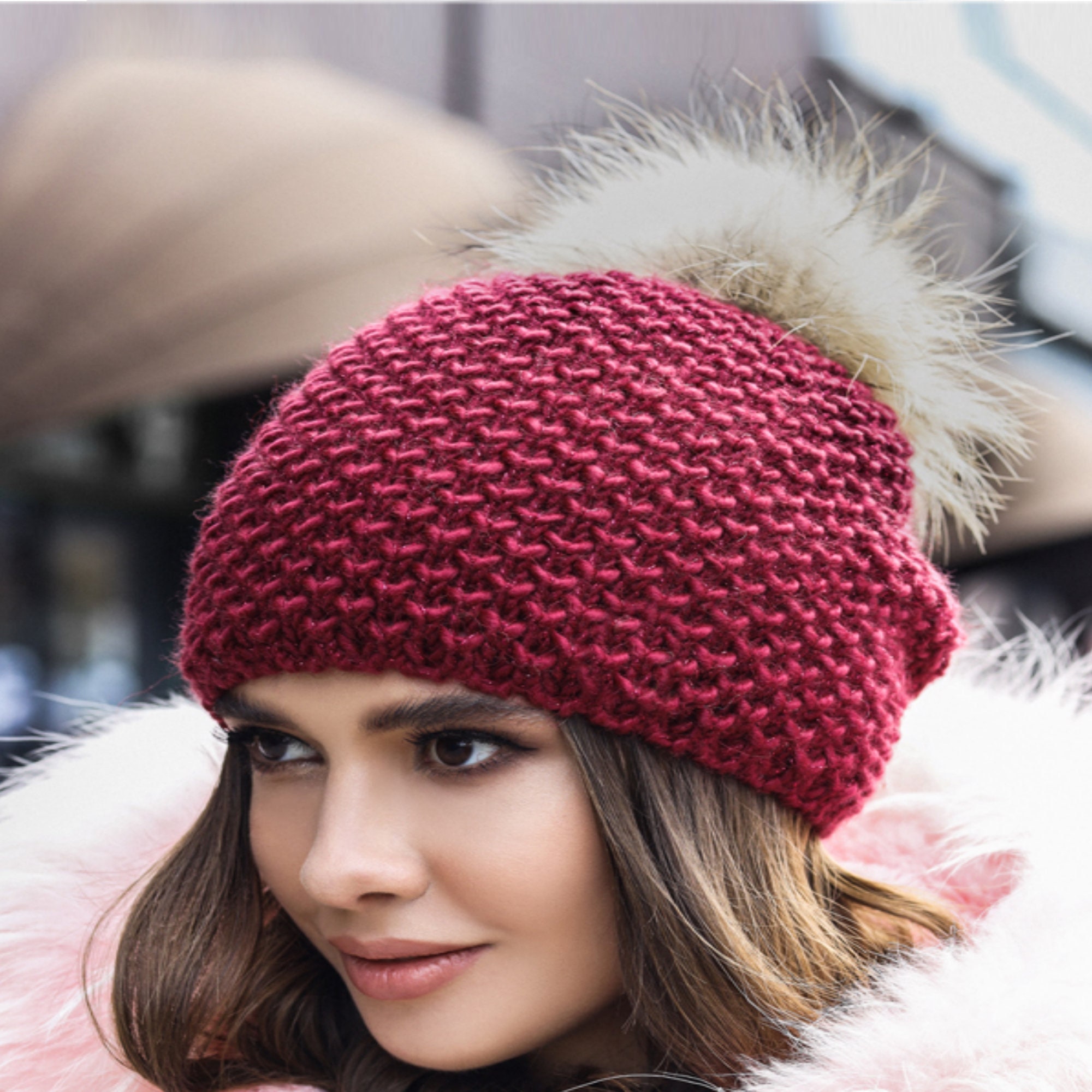 Burgundy Pom Pom Knit Beanie Hat | Ribbed Cuff | Cozy Fall/Winter Staple Fine Rib Knit Pom Pom Hat | Joy Susan main image 2