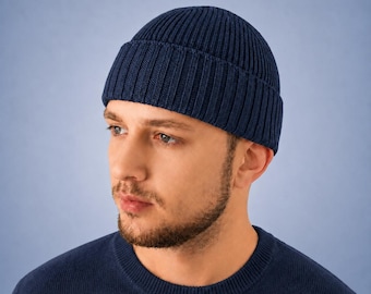 Wool fisherman beanie | Knitted docker skull cap above ear | Short ribbed docker trawler hat | Christmas gift for him