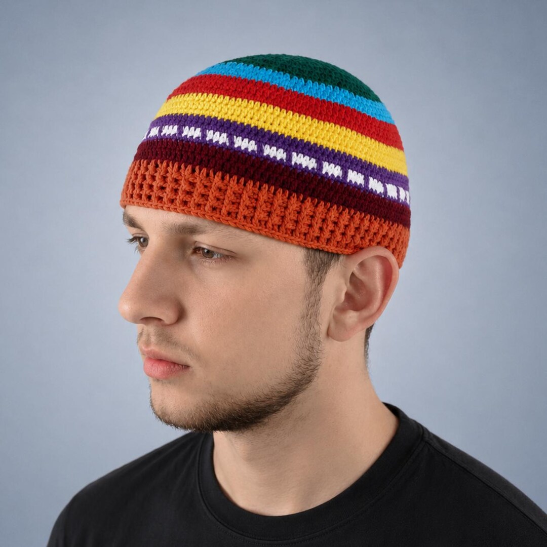 Crochet Mens Kufi Beanie Jazz Skullcap Multicolored Striped