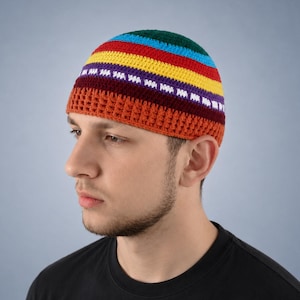Crochet Mens Kufi Beanie Jazz Skullcap Multicolored Striped