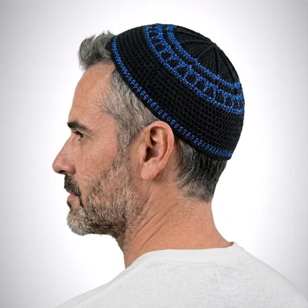 Large Black Embroidered Kippah | Wedding Yarmulke Blue Detail