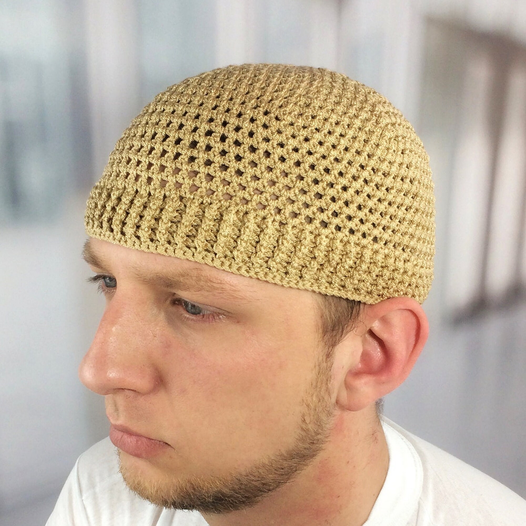 MM Kufi Hat Crochet Cap Beanie - Beige, One Size Fits All, Cotton