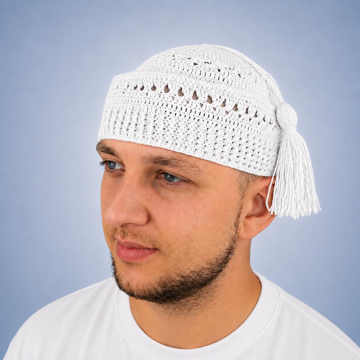 White Kufi With Tassel Muslim Men's Beanie Crochet Prayer Skullcap