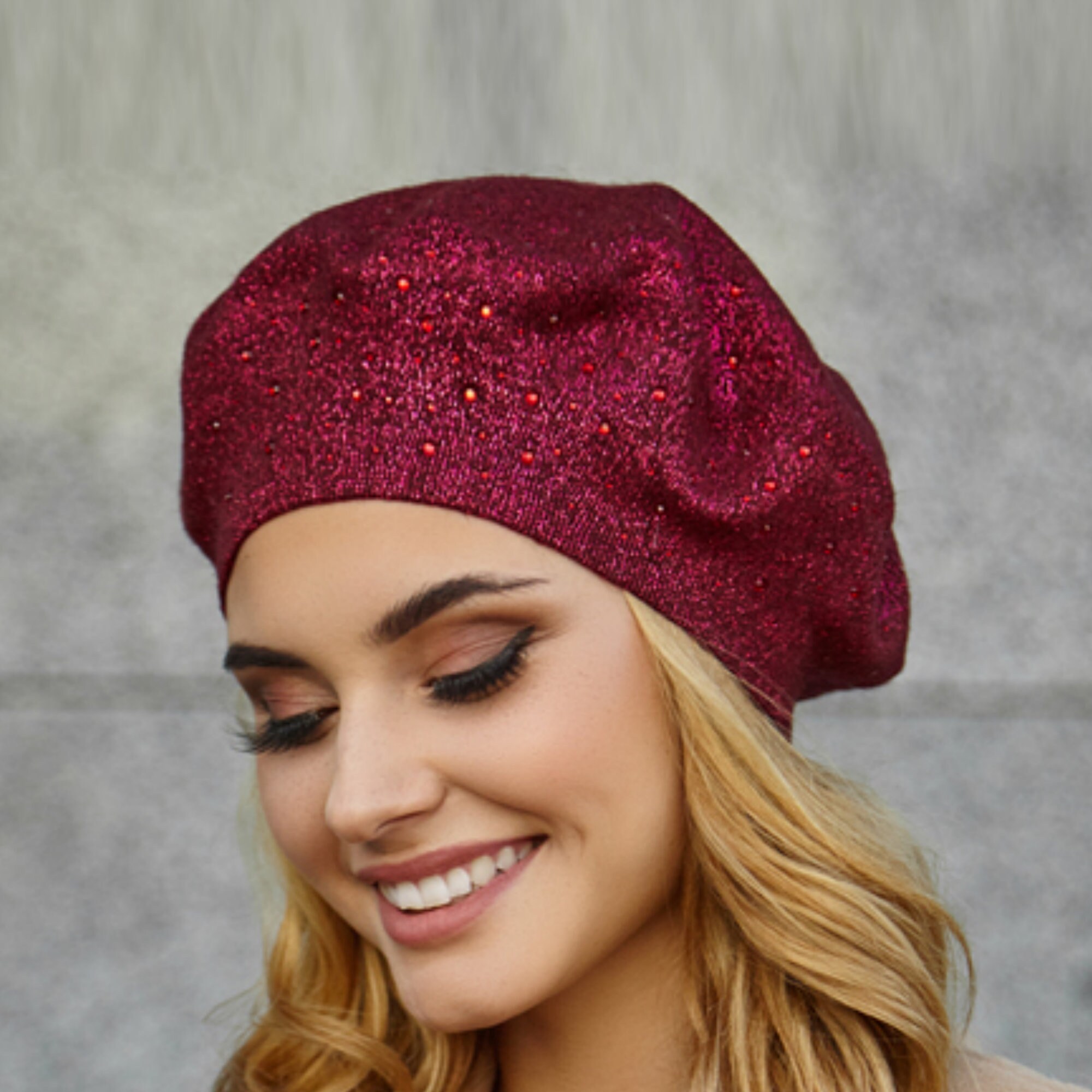 帽子 GLITTER KNIT BERET Shiny Hat Spark Sequins Knit Beret Women Glittering Spring