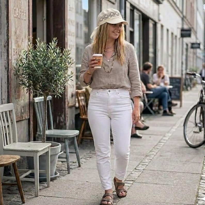 a woman wearing a pastel lace linen bandana hat during a summer walk, showcasing the lightweight and feminine design of this headwear.