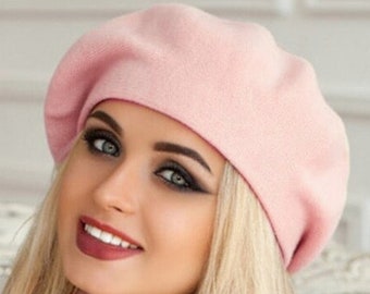 Angora Beret: Light Pink French Style Wool Hat Hand Knitted  display picture 3