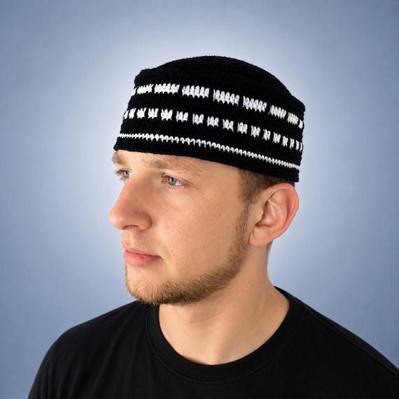Gold Striped Kufi Hat for Men, Handmade Muslim Skullcap 