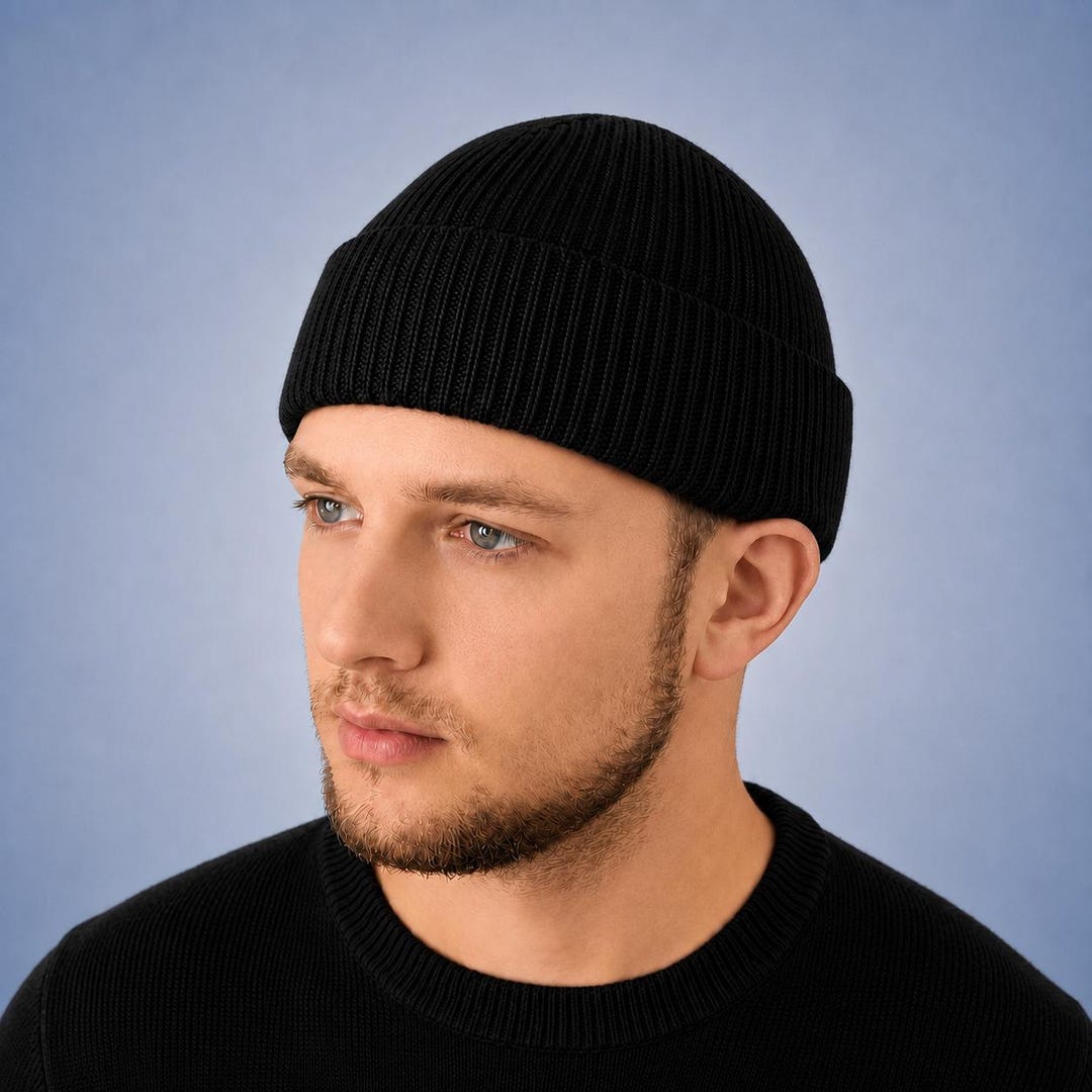 Wool Fisherman Beanie, Short Knitted Dockers Hat, Winter Skullcap