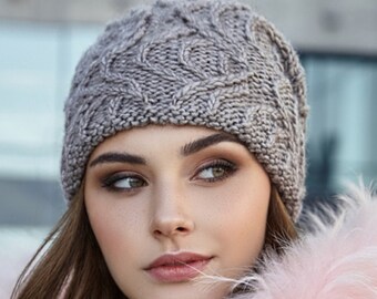 Winter knit slouchy beanie women Alpaсa wool hat with lining Birthday Christmas gifts for her