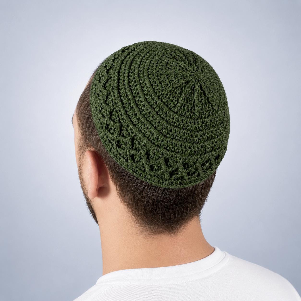 Crochet Olive Green Kippah 3D Textured Yarmulke Deep Fit Kippot