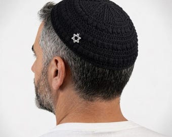 Handmade Black Kippah for Men | Textured Star of David Yarmulke
