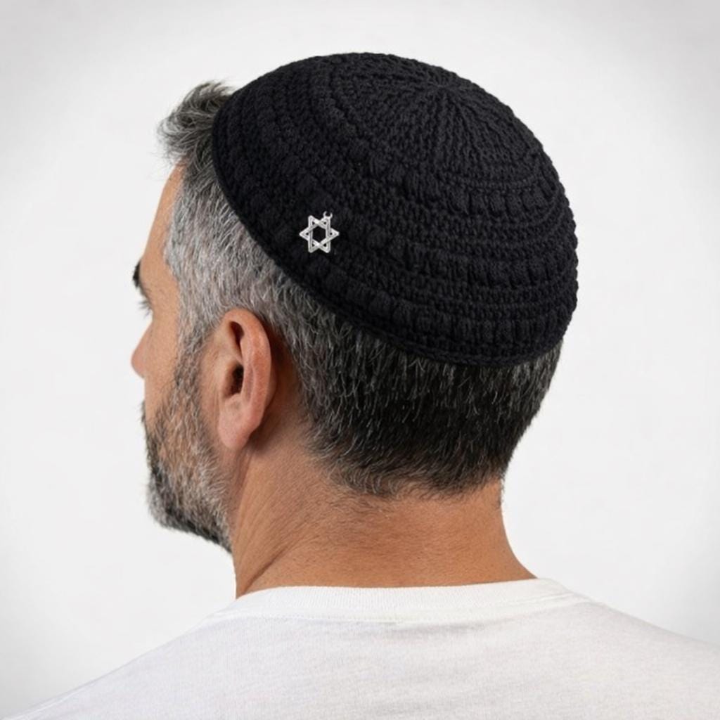 Handmade Black Kippah for Men | Textured Star of David Yarmulke