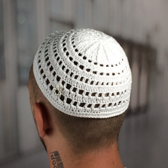 Holy Land Market Hand Knitted Cotton Kippah - White/Grey Lines, 17cm (6.7 Inch) - View #2