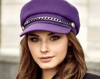 Purple Wool Newsboy Cap: Women's Greek Fisherman Hat (Size M56cm)