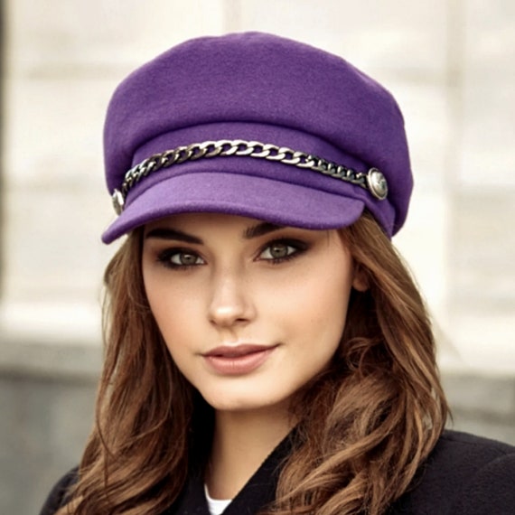 Purple Wool Newsboy Cap: Women's Greek Fisherman Hat (size M56cm
