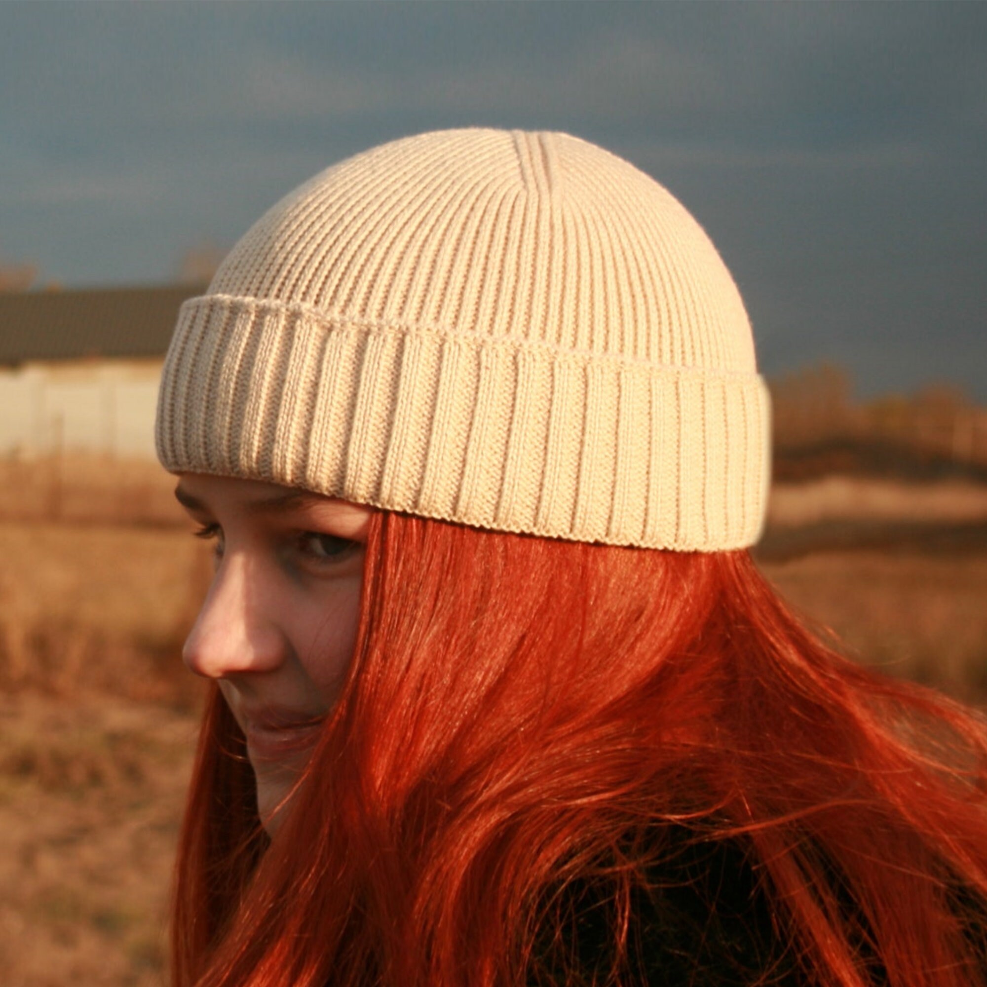 Beige Mini Fisherman Beanie Hat Wool 