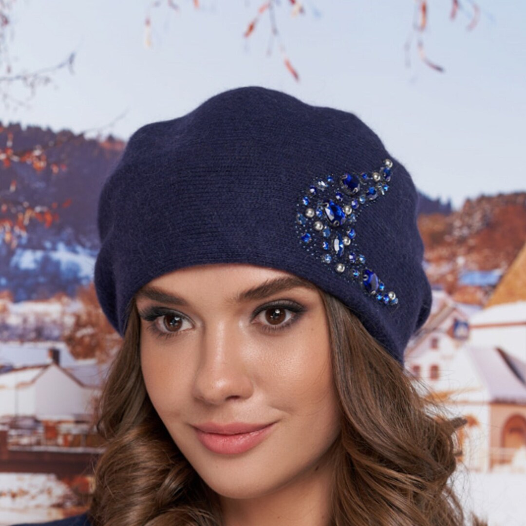 Angora Rabbit Wool Knit Beret for Women Embellished Hat Etsy