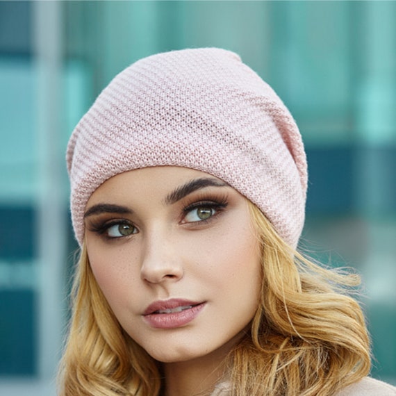 Blush Pink Knit Slouchy Beanie Women Thin Angora Beanie Hat for Ladies Wool Slouch Beanie Hat Birthday Christmas Gifts for Her