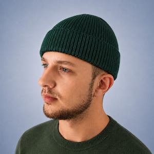 Winter fisherman beanie above ear, Knitted short skullcap, Wool dockers watch cap, Gifts for men