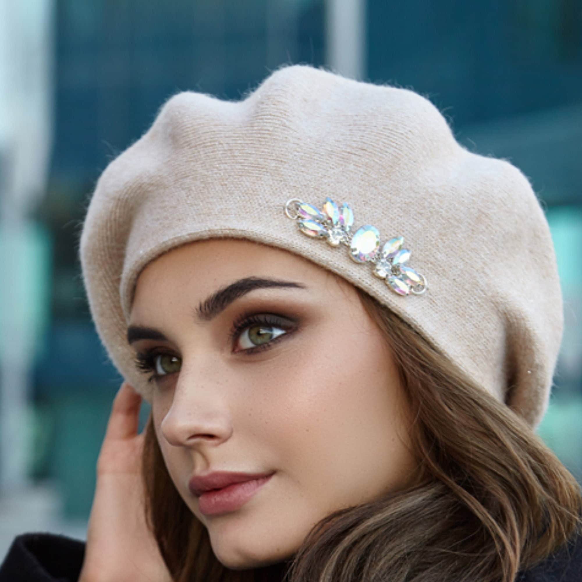 Vegan Knit Beret for Women Acrylic Shinny Smoky Gray Beret
