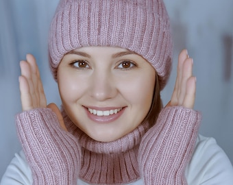 Hand Knit Wool Set: Beanie, Neck Warmer, Fingerless Gloves