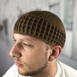 Kufi Large mens beanies Umrah gift Islamic prayer kufi Crochet beanie men Muslim accessories Birthday Ramadan Namaz gift Brown