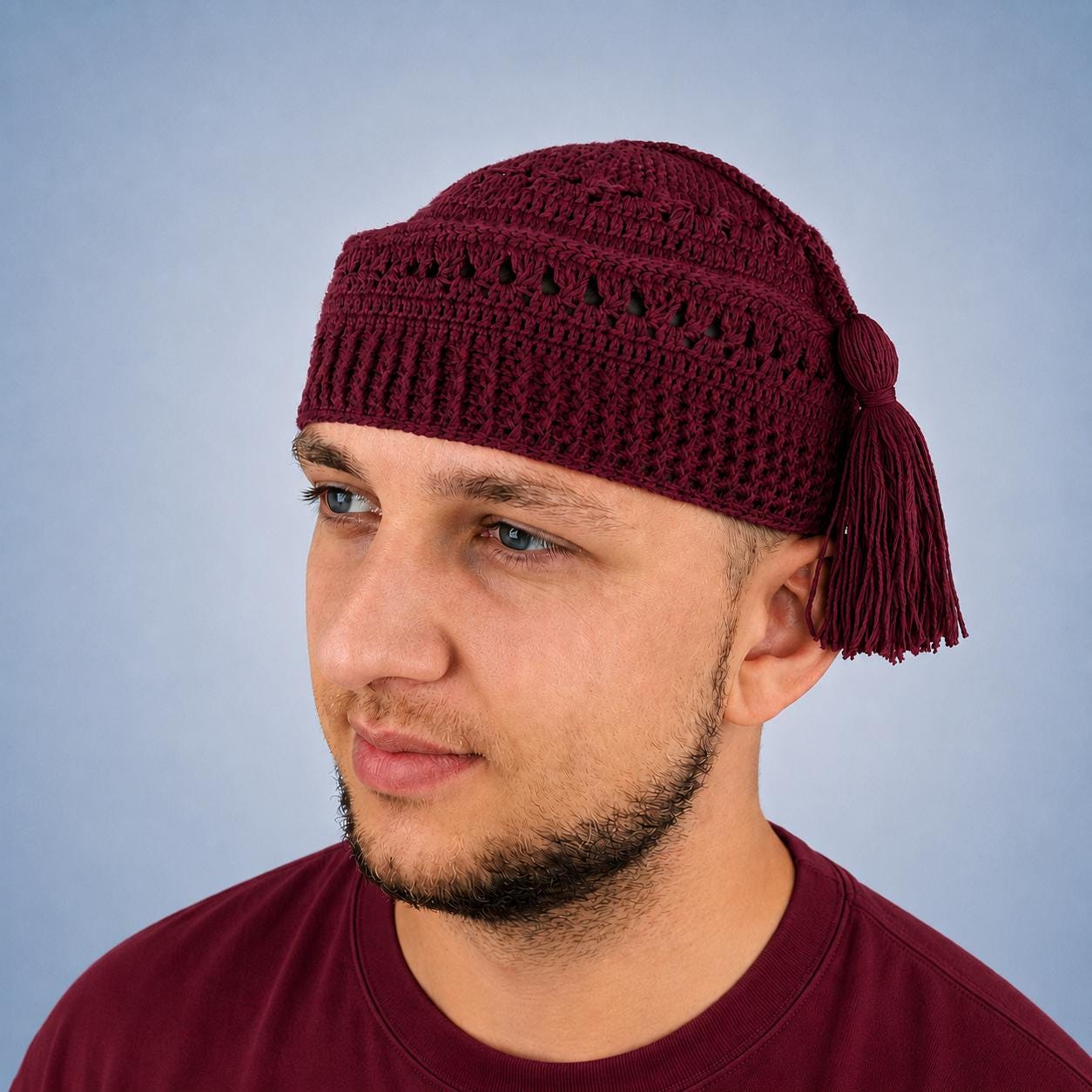 Buy White Kufi With Tassel Muslim Men's Beanie Crochet Prayer