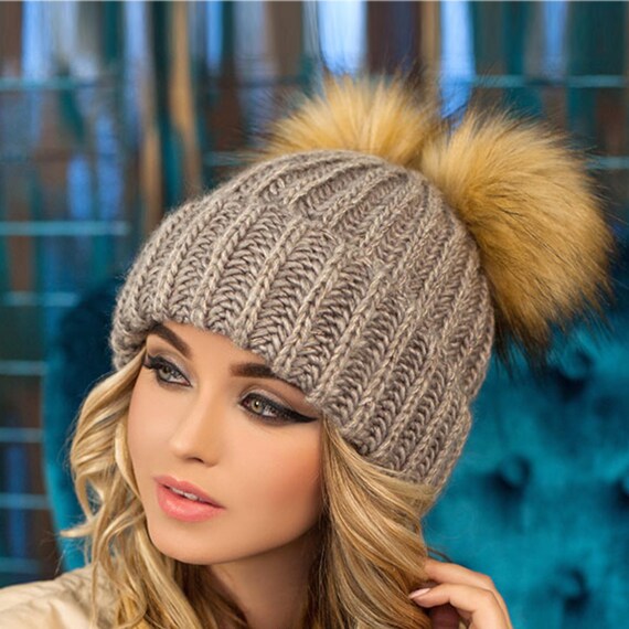 Hand Knit Alpaca Wool Beanie: Double Pom Pom Winter Hat - Etsy display picture 1